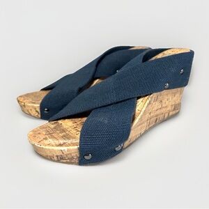 Esprit Wedge Sandals Cork Platform Cross Strap Slides Denim Shoes size 7.5 Blue